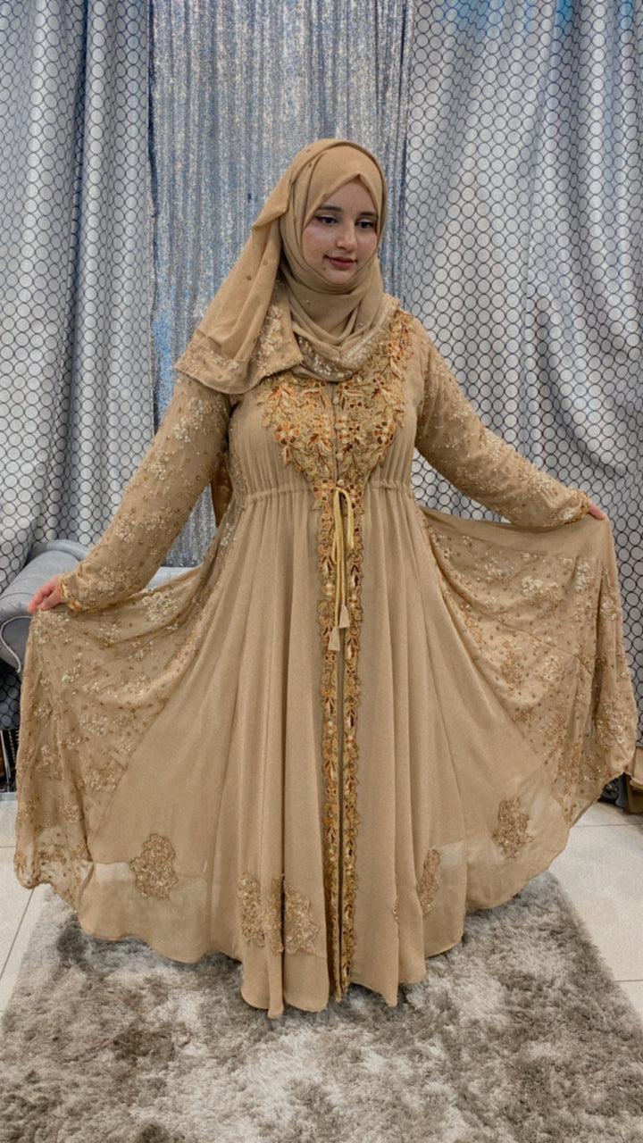 Golden Embellished Abaya - Aizacloset