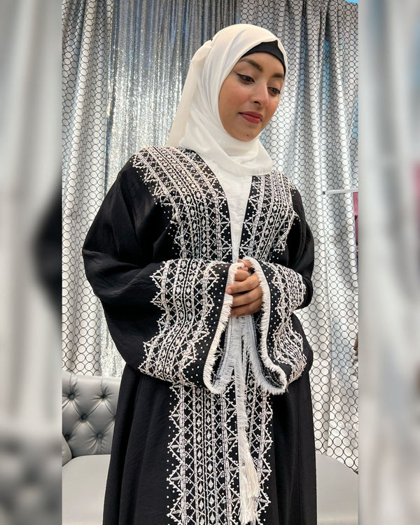 White Stone Embroidered Abaya - Aizacloset